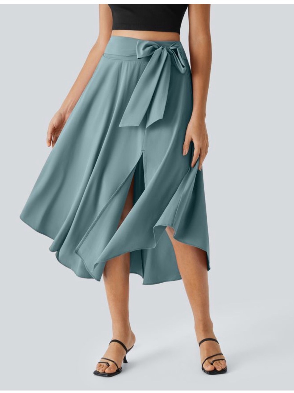 High-Waist Light Blue Midi Wrap Skirt with Side Slit